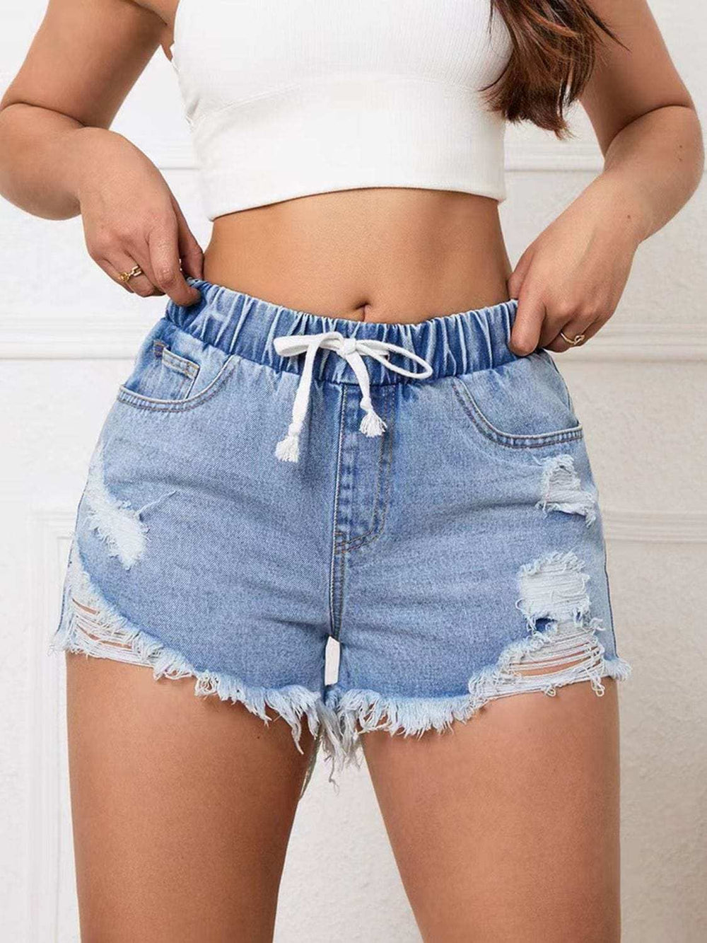 Distressed Drawstring Raw Hem Denim Shorts - Trendsi - Flyclothing LLC