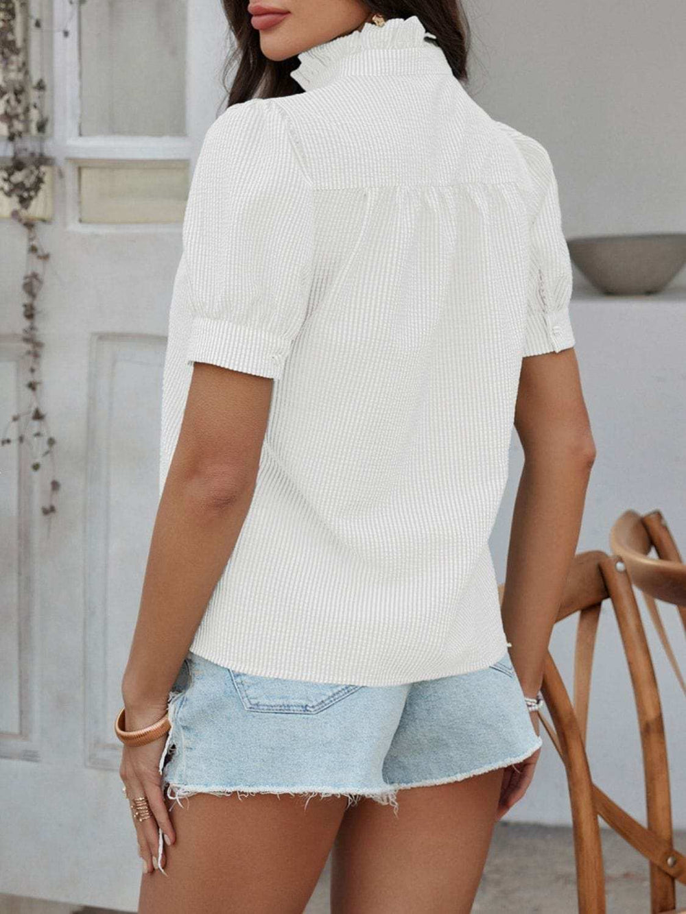 Devine Button Down Striped Short Sleeve Shirt - Trendsi - Flyclothing LLC