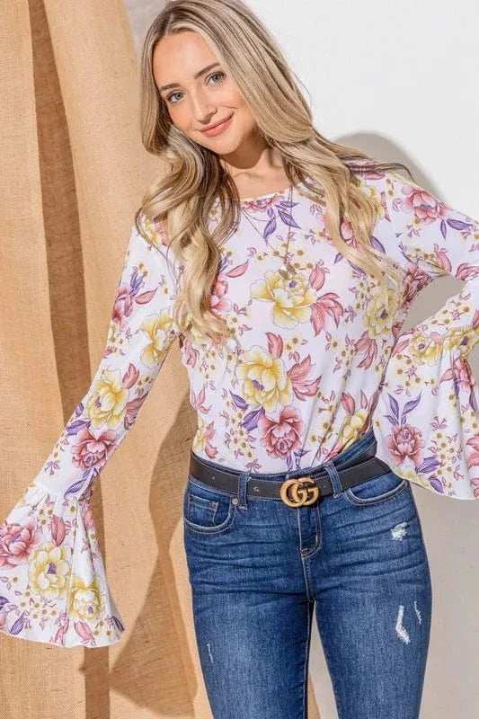 And The Why Floral Printed Bell Sleeve Casual Top - Trendsi - Flyclothing LLC