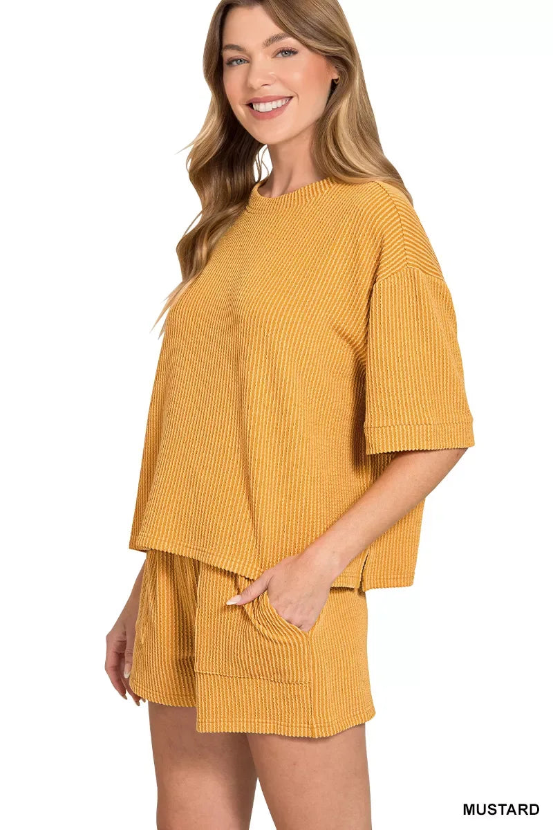 Zenana Raised Rib Short Sleeve Tee and Drawstring Shorts Set - Trendsi - Flyclothing LLC