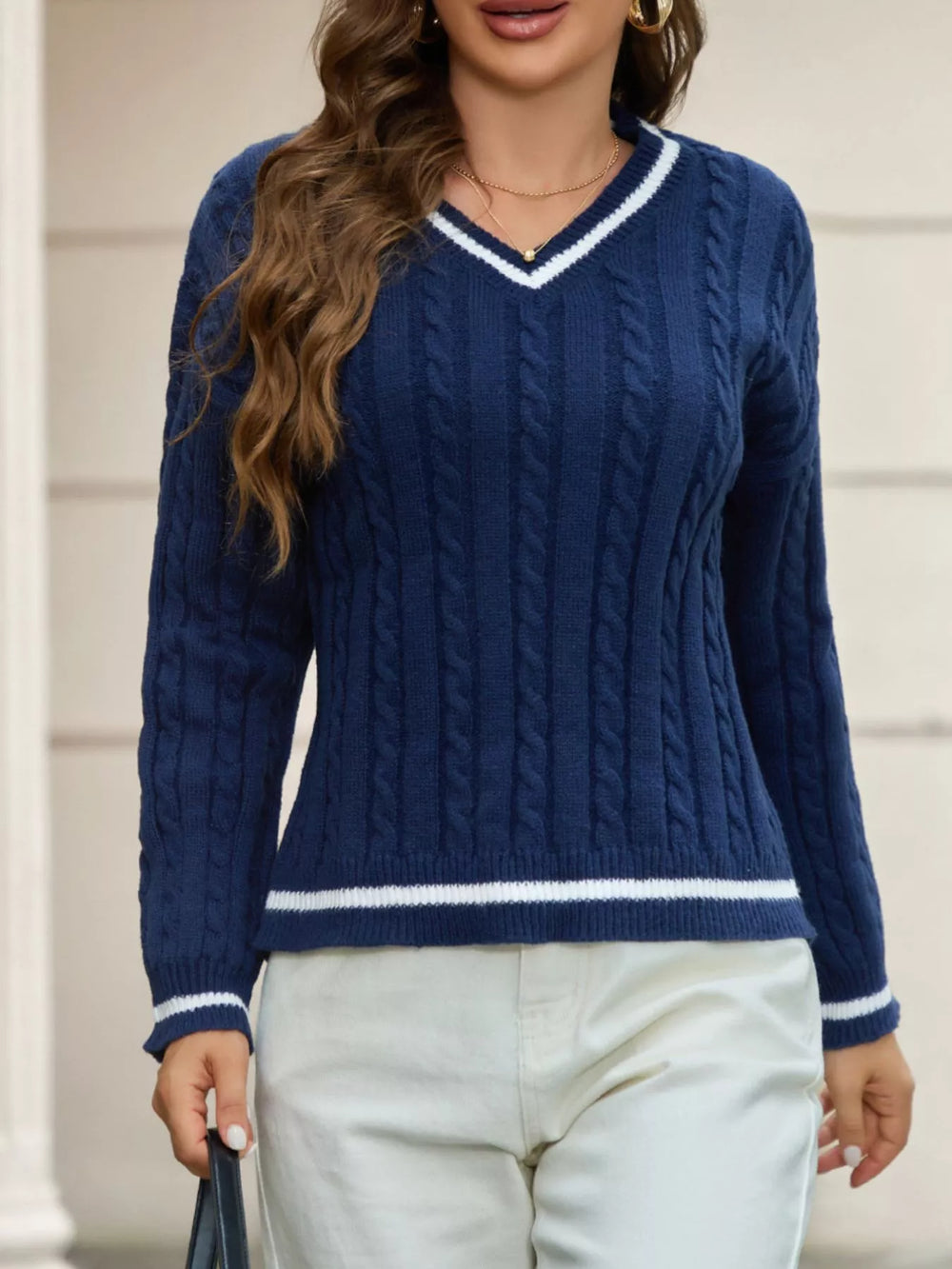 Classic Cable Knit V-Neck Sweater - Trendsi - Flyclothing LLC