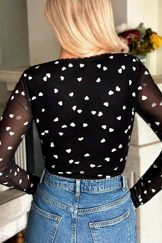 Heart Square Neck Long Sleeve Bodysuit - Trendsi - Flyclothing LLC