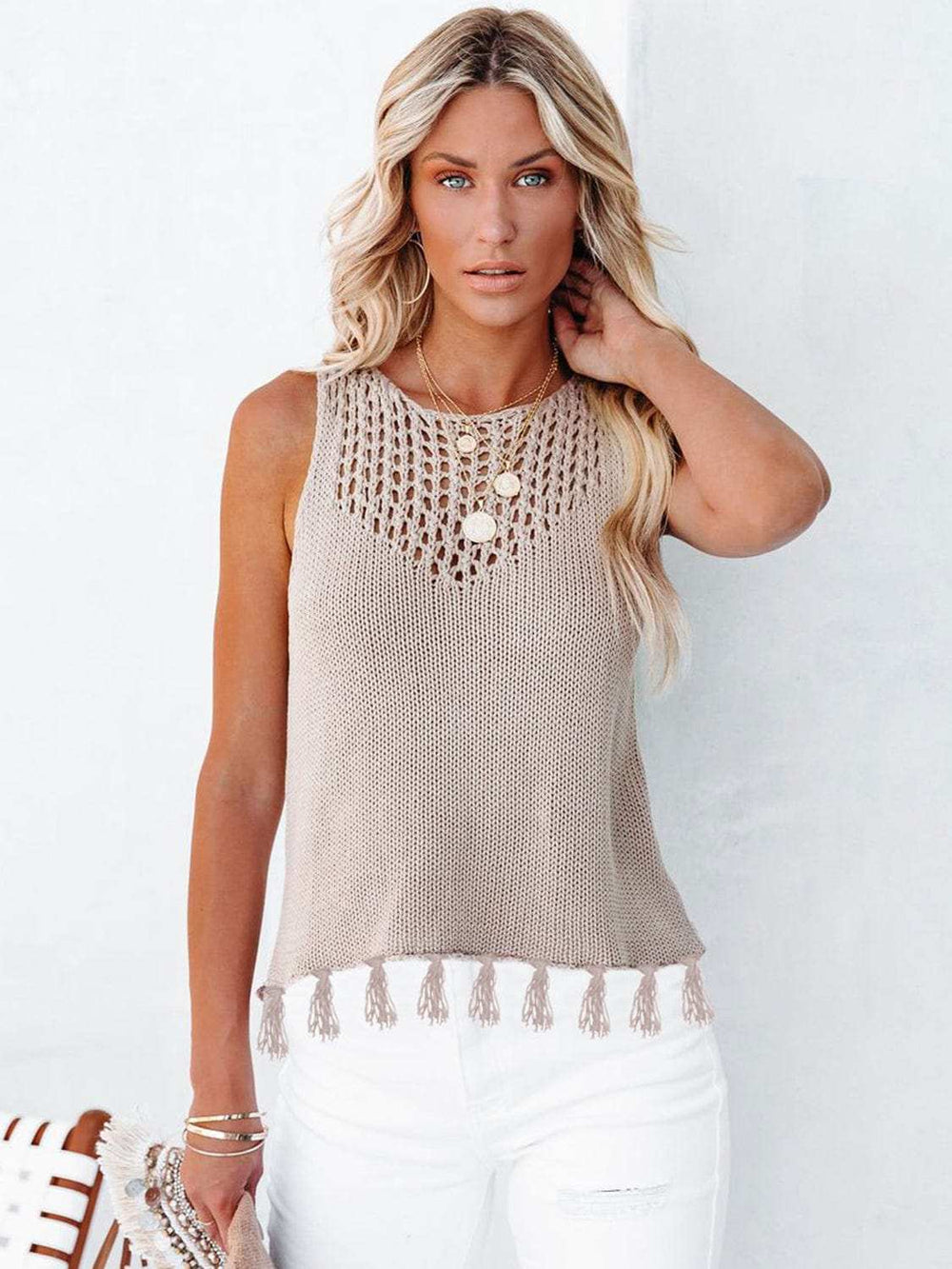 Cutout Tassel Round Neck Tank - Trendsi - Flyclothing LLC