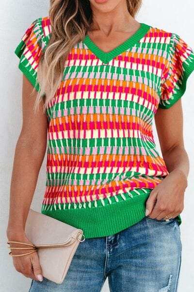 Contrast Striped V-Neck Knit Top - Trendsi - Flyclothing LLC