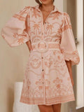 Printed Button Down Shirt Dress with Belt - Trendsi - Flyclothing LLC