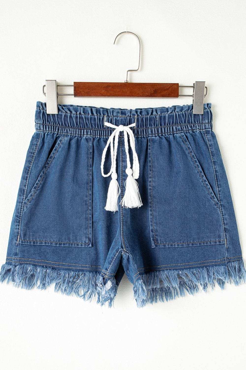 Raw Hem Drawstring High Waist Denim Shorts with Pockets - Trendsi - Flyclothing LLC