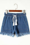 Raw Hem Drawstring High Waist Denim Shorts with Pockets - Trendsi - Flyclothing LLC