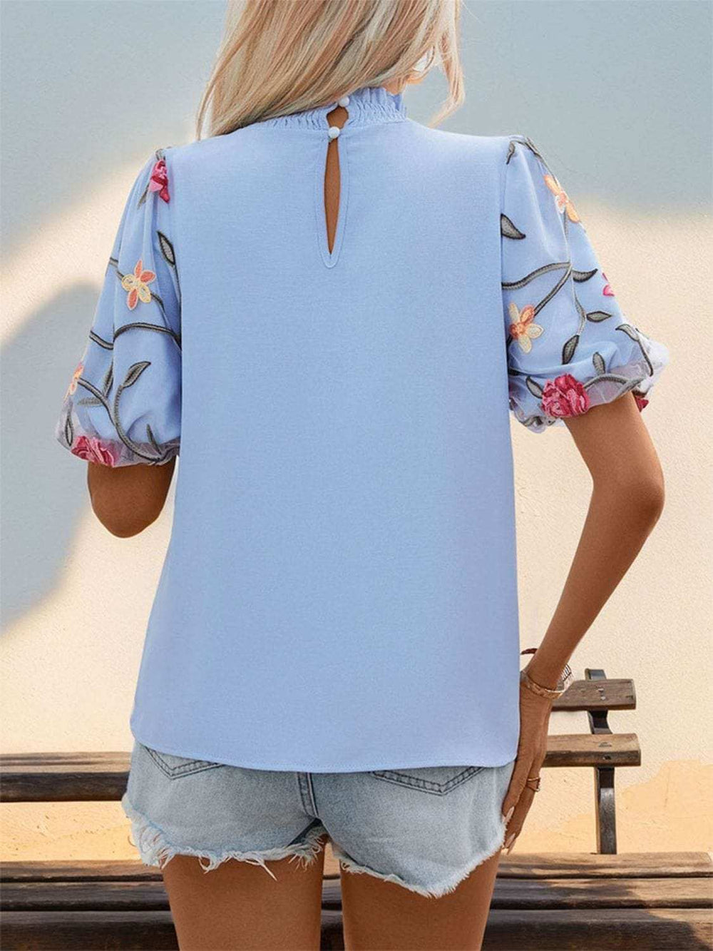 Embroidered Mock Neck Puff Sleeve Blouse - Trendsi - Flyclothing LLC