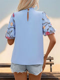 Embroidered Mock Neck Puff Sleeve Blouse - Trendsi - Flyclothing LLC