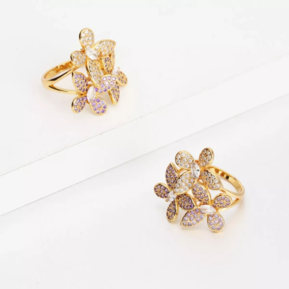 18K Gold-Plated Copper Rhinestone Zircon Flower Ring - Trendsi - Flyclothing LLC