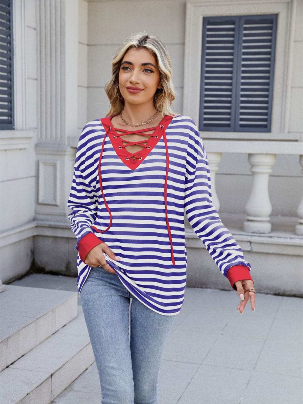 Lace-Up Striped Long Sleeve T-Shirt - Trendsi - Flyclothing LLC