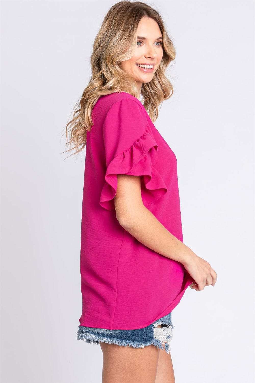GeeGee V-Neck Ruffle Trim Short Sleeve Blouse - Trendsi - Flyclothing LLC