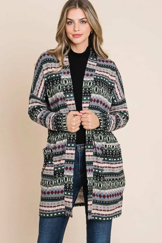 BOMBOM Geometric Open Front Long Sleeve Cardigan with Pockets - Trendsi - Flyclothing LLC