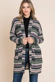 BOMBOM Geometric Open Front Long Sleeve Cardigan with Pockets - Trendsi - Flyclothing LLC