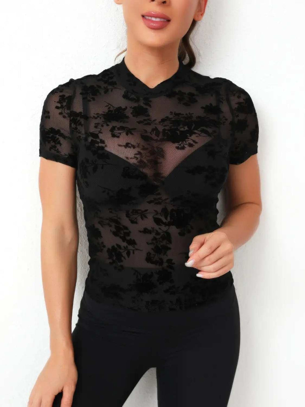 Mock Neck Short Sleeve Top - Trendsi - Flyclothing LLC