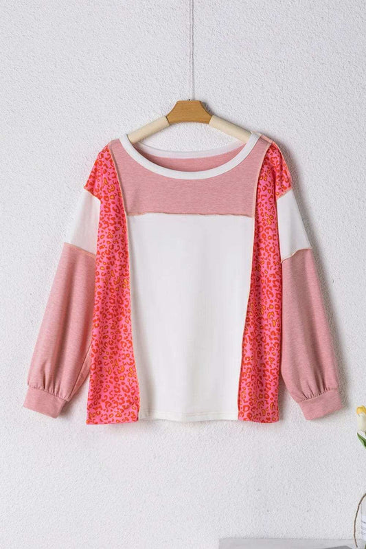 Exposed Seam Leopard Color Block Round Neck Top - Trendsi - Flyclothing LLC