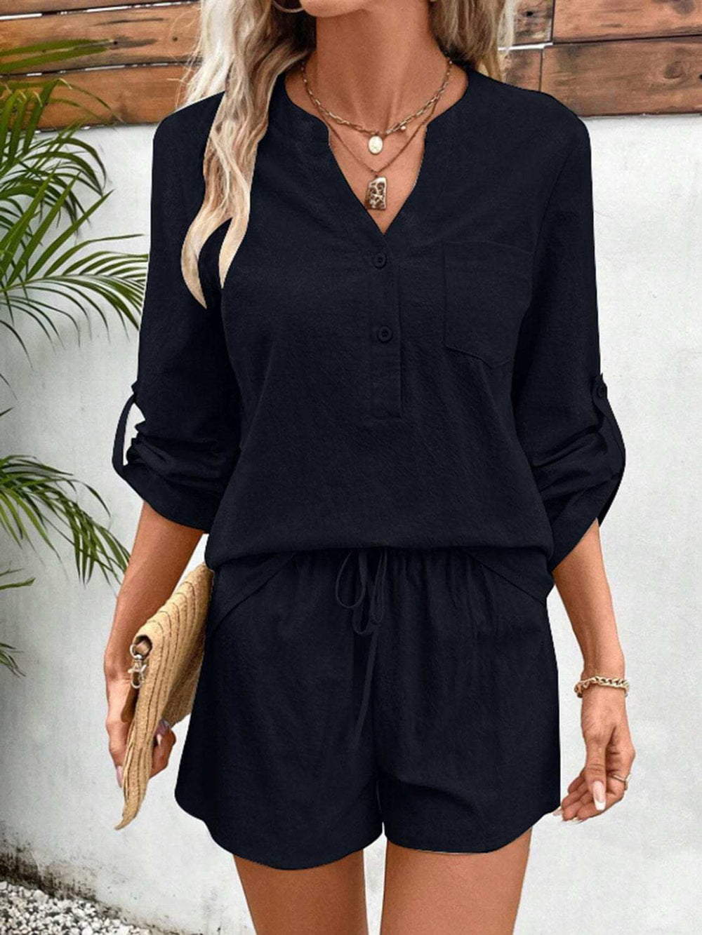 Notched Long Sleeve Top and Shorts Set - Trendsi - Flyclothing LLC