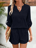 Notched Long Sleeve Top and Shorts Set - Trendsi - Flyclothing LLC