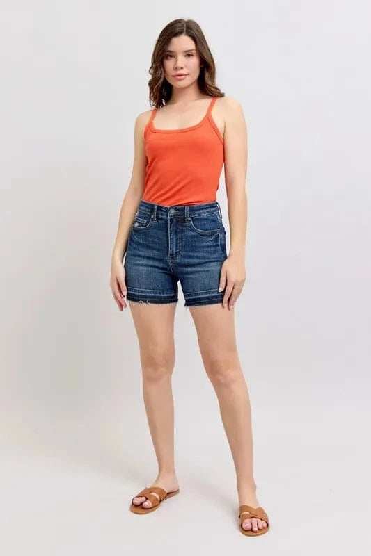 Judy Blue Full Size High Waist Tummy Control Destroy Release Hem Denim Shorts Plus Size - Trendsi - Flyclothing LLC