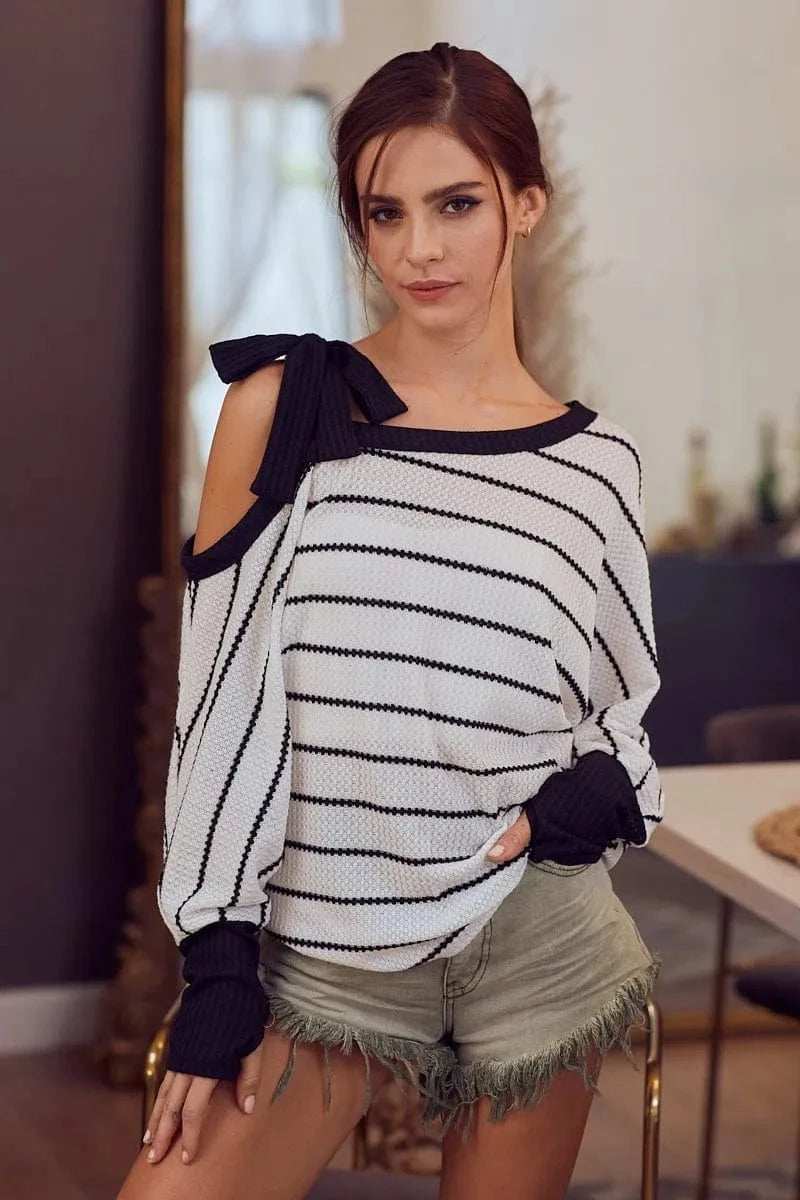 BiBi Stripe Yarn Dye Waffle One Shoulder Ribbon Detail Top - Trendsi - Flyclothing LLC