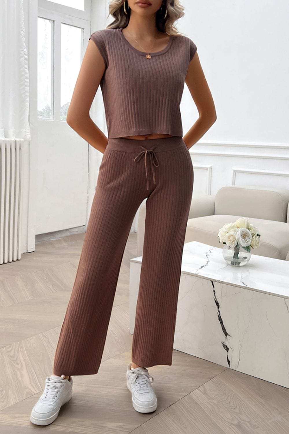 Ribbed Round Neck Top and Pants Set - Trendsi - Flyclothing LLC