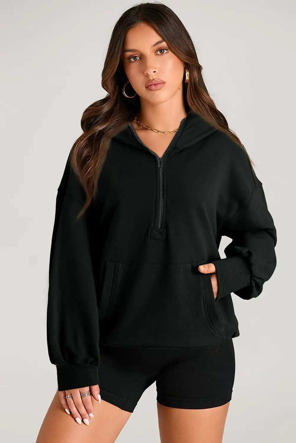 Pocketed Half Zip Long Sleeve Hoodie - Trendsi - Flyclothing LLC