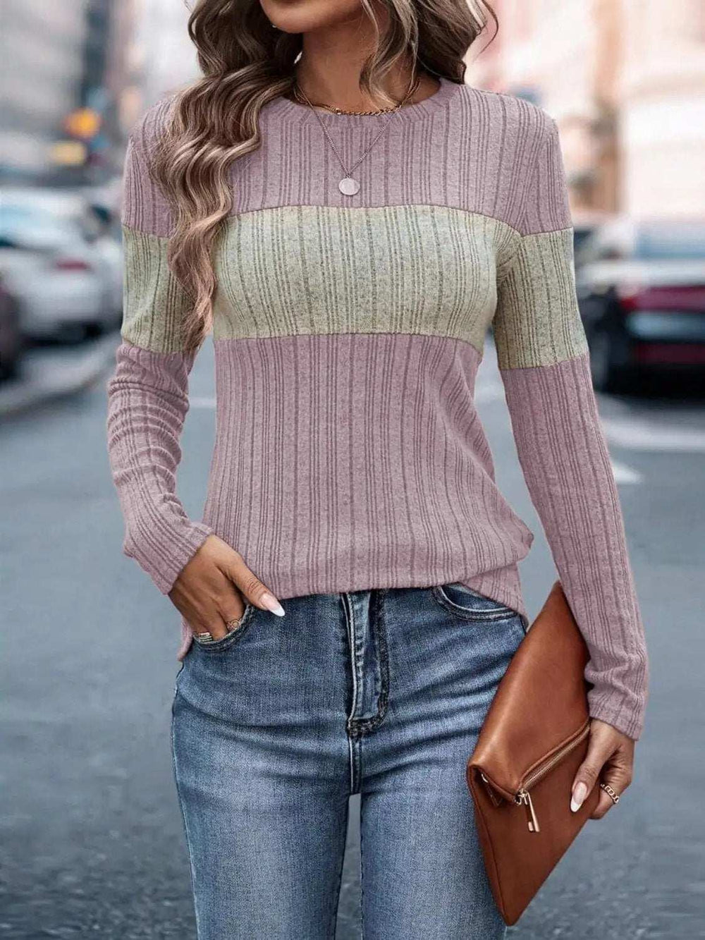 Color Block Round Neck Long Sleeve Top - Trendsi - Flyclothing LLC