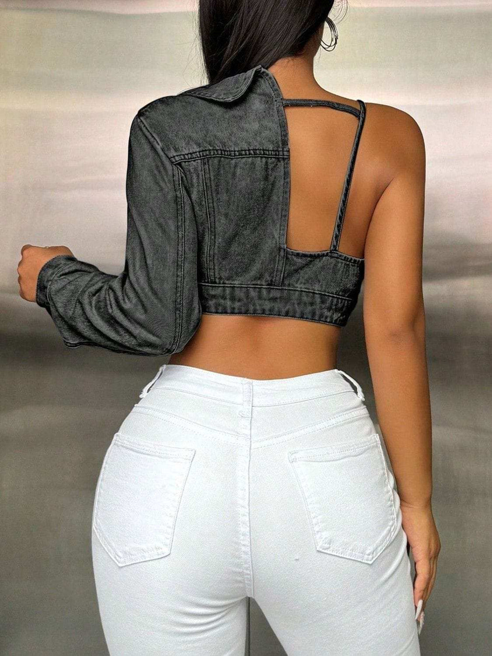 One Shoulder Long Sleeve Cropped Denim Top - Trendsi - Flyclothing LLC
