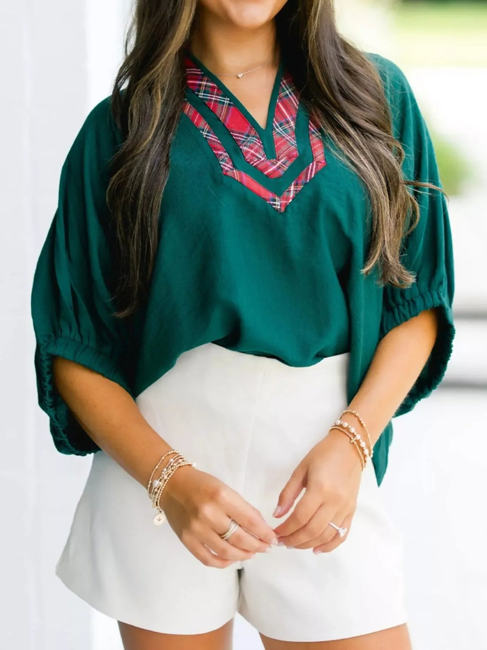 Plaid Trim Half Sleeve Blouse - Trendsi - Flyclothing LLC