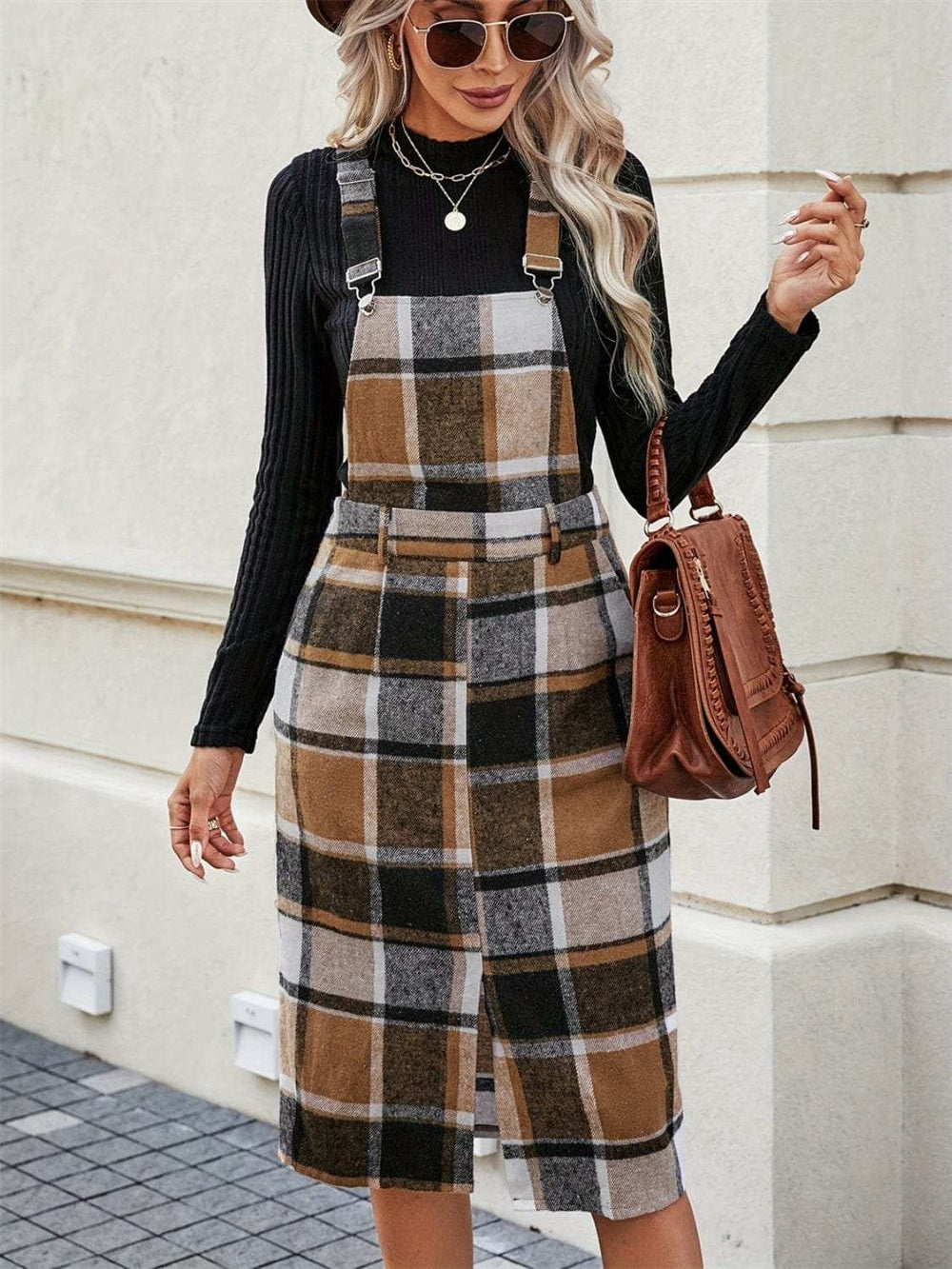 Slit Plaid Wide Strap Overall Dress - Trendsi - Flyclothing LLC