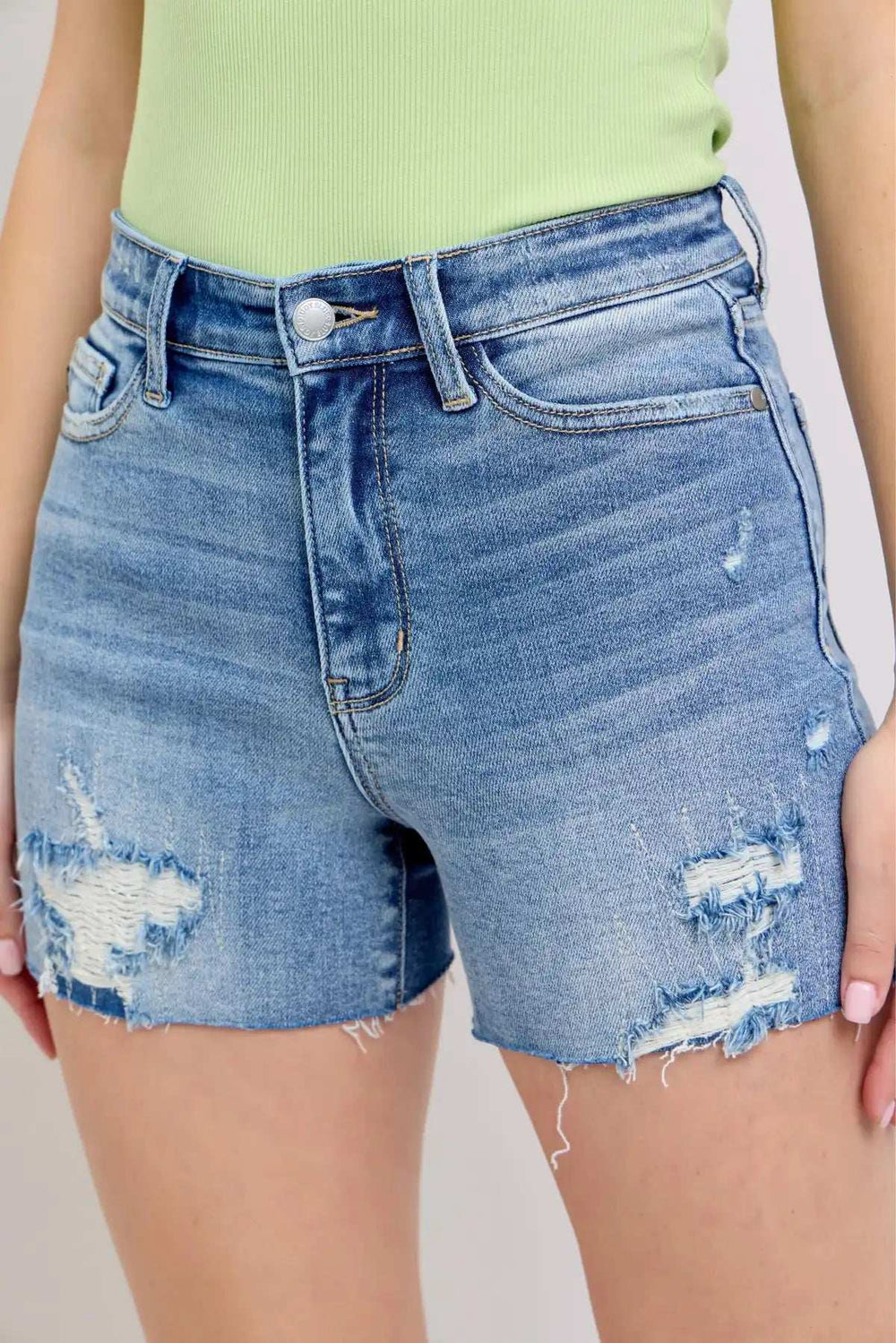 Judy Blue Full Size High Waist Denim Shorts W/stitch Over Destroy Detail Plus Size - Trendsi - Flyclothing LLC