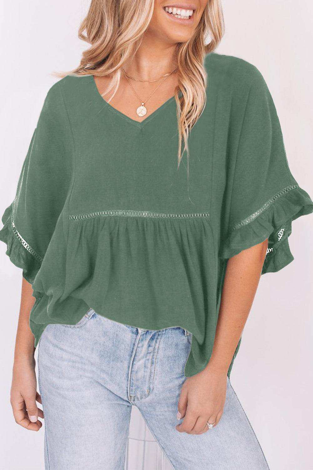 V-Neck Flounce Sleeve Babydoll Blouse - Trendsi - Flyclothing LLC