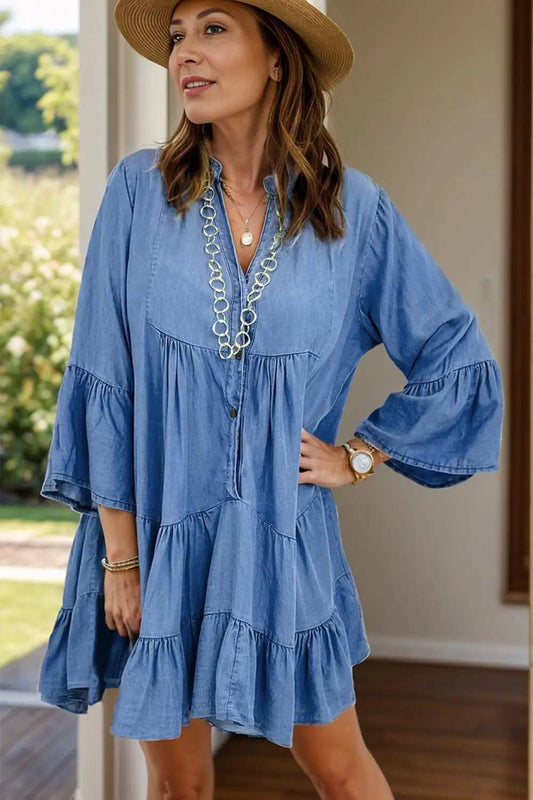 Notched Flare Sleeve Denim Dress - Trendsi - Flyclothing LLC