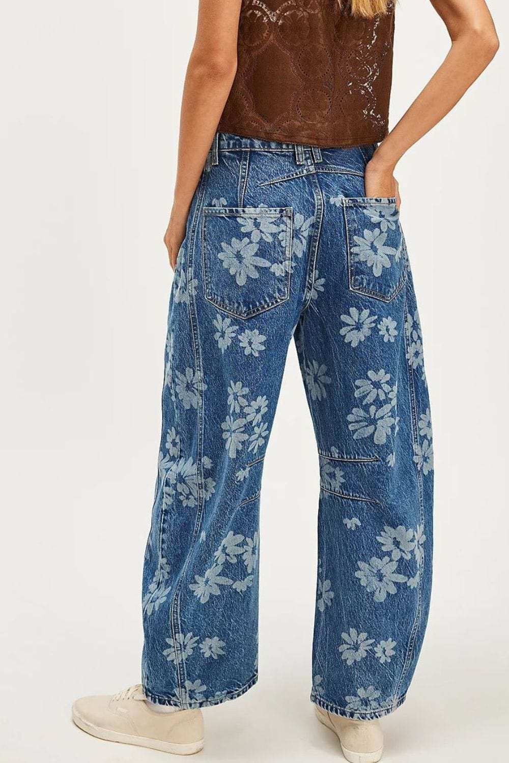 Flower Print Wide Leg Jeans - Trendsi - Flyclothing LLC