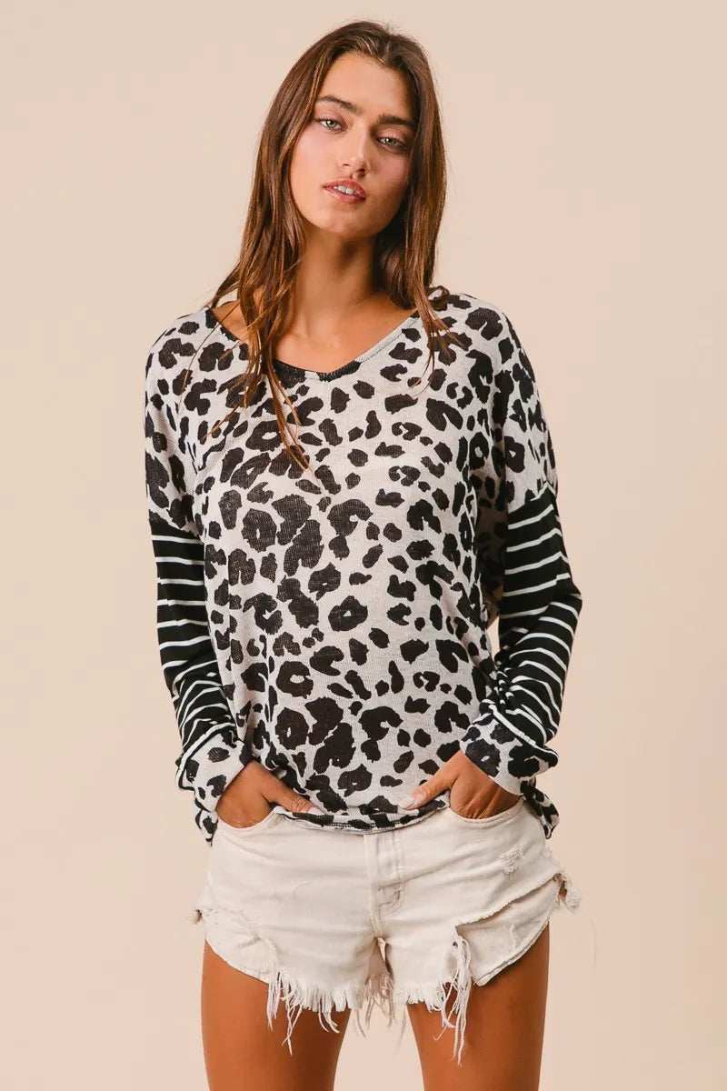 BiBi Leopard Hacci Knit Twist Back Top With Stripe Sleeve - Trendsi - Flyclothing LLC