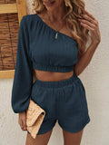One Shoulder Long Sleeve Top and Shorts Set - Trendsi - Flyclothing LLC