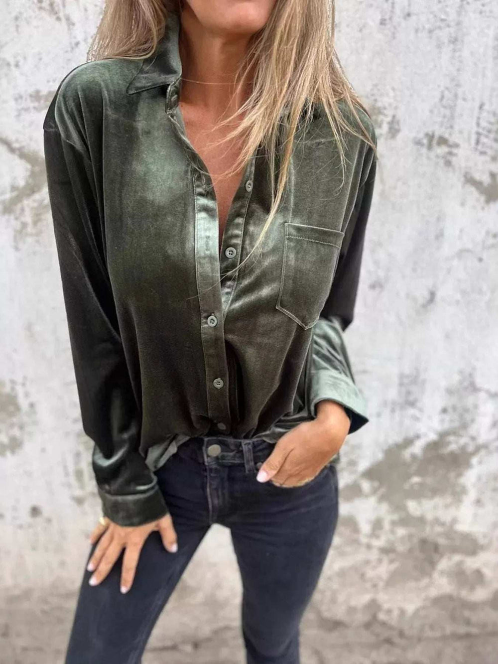 Full Size Velvet Button-Up Long Sleeve Shirt Plus Size - Trendsi - Flyclothing LLC