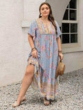 Plus Size Printed Tie Neck Flutter Sleeve Maxi Dress - Trendsi - Flyclothing LLC