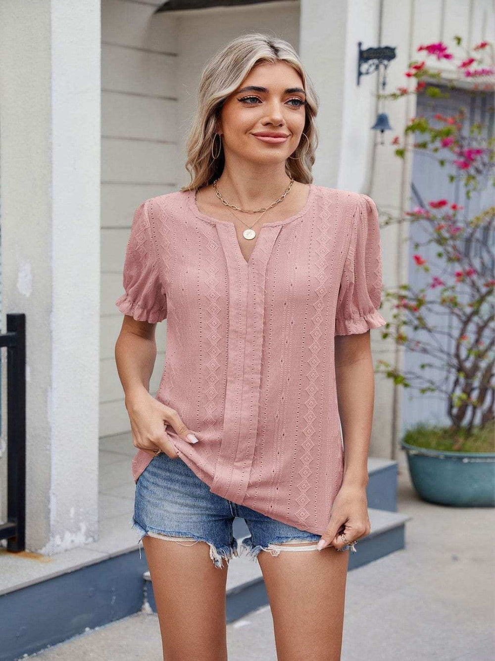 Eyelet Notched Short Sleeve Top - Trendsi - Flyclothing LLC