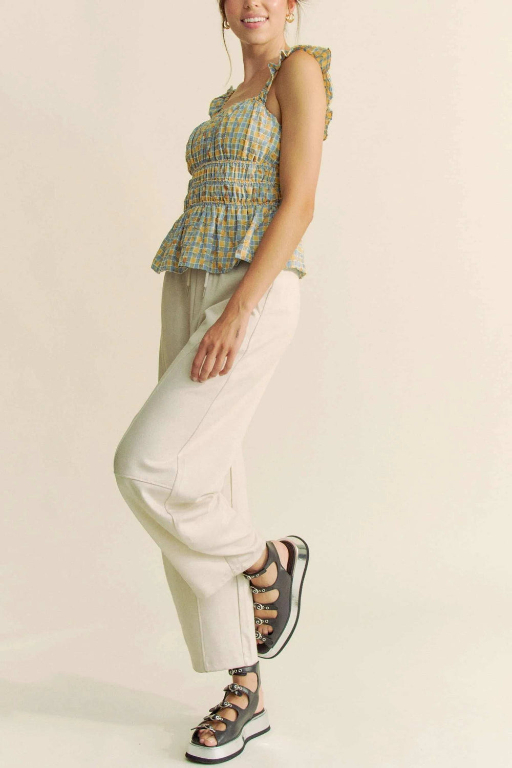 Davi & Dani Plaid Ruffled Strap Smocked Sleeveless Top - Trendsi - Flyclothing LLC