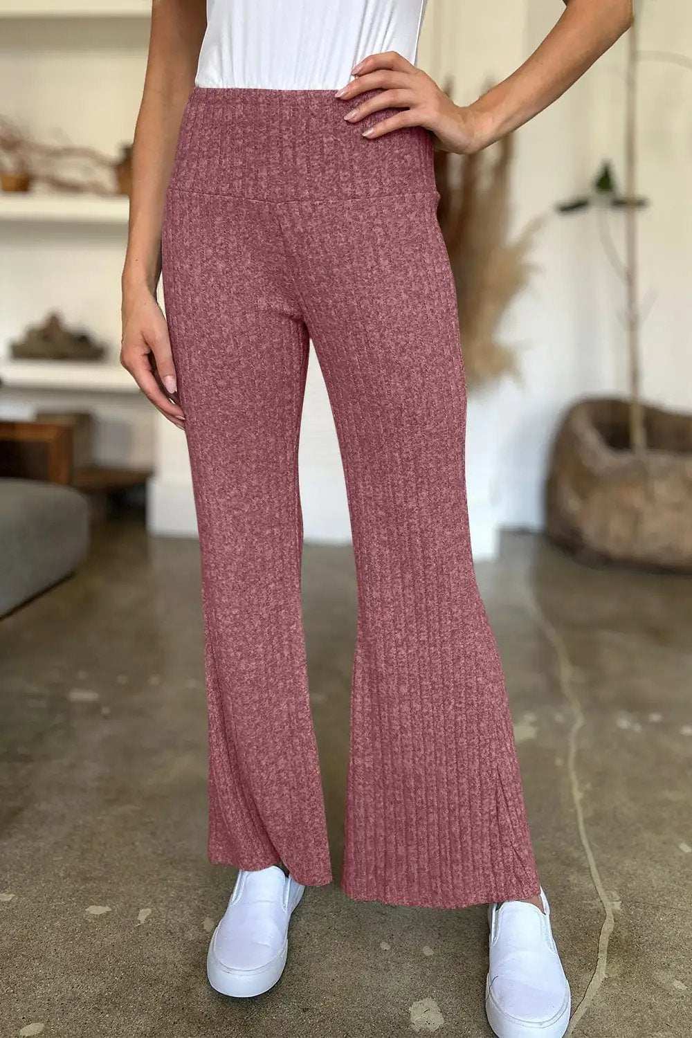 Ribbed High Waist Flare Pants - Trendsi - Flyclothing LLC