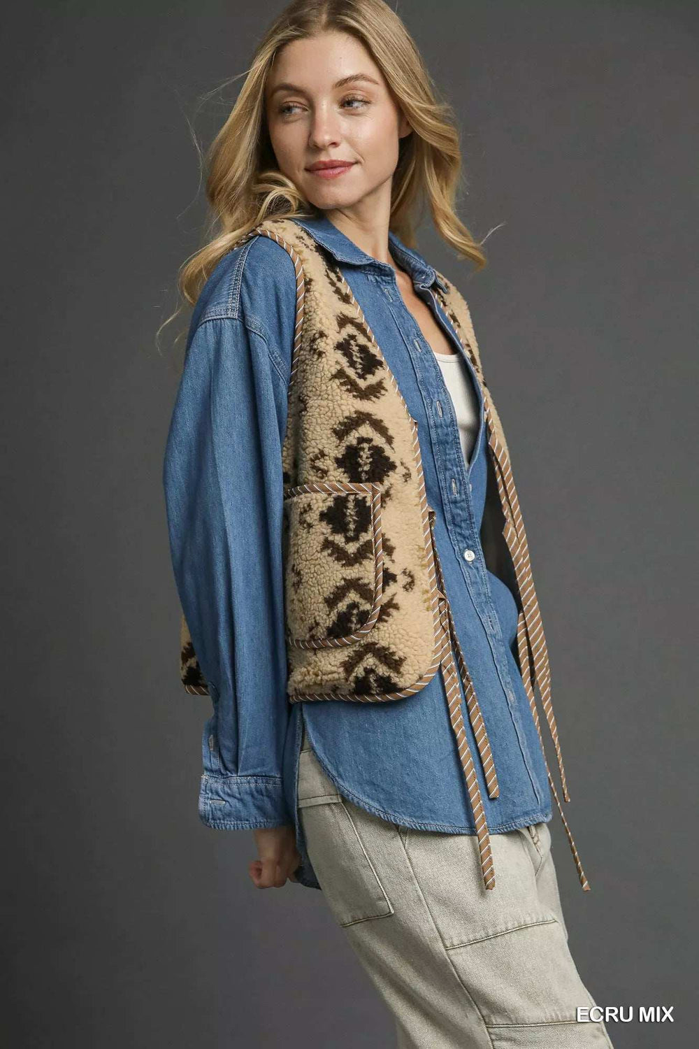 Umgee Mix Patterned Sherpa Tie-Front Vest - Trendsi - Flyclothing LLC