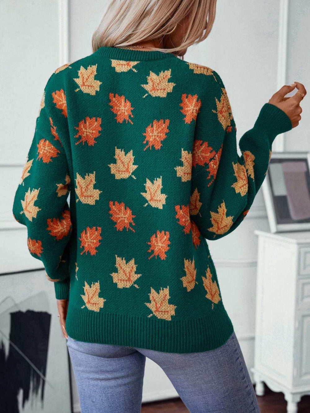Maple Leaf Round Neck Long Sleeve Sweater - Trendsi - Flyclothing LLC