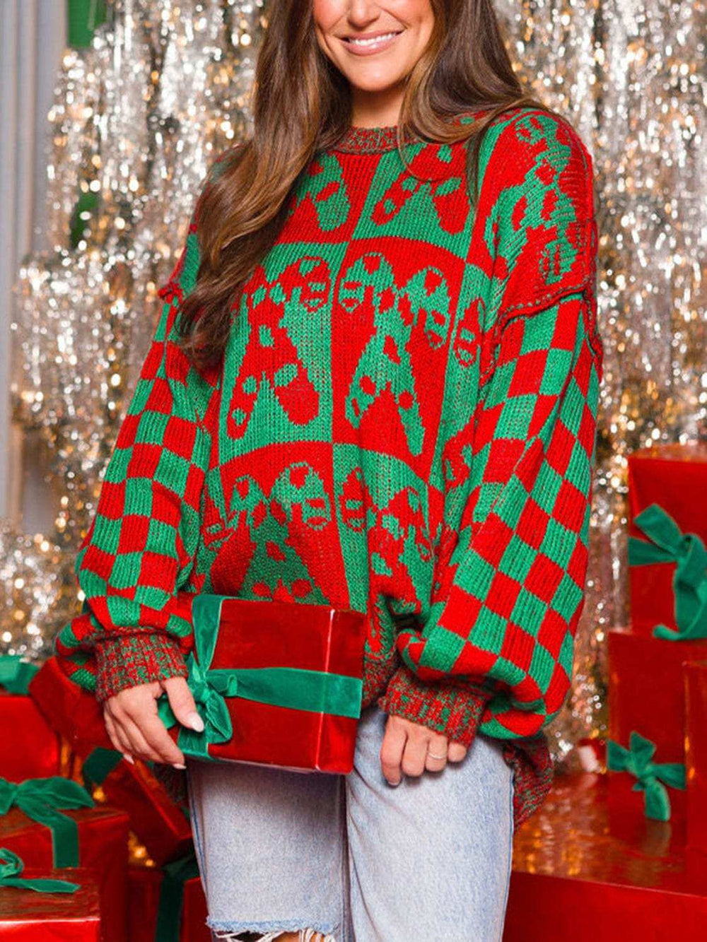Candy Cane Contrast Round Neck Sweater - Trendsi - Flyclothing LLC