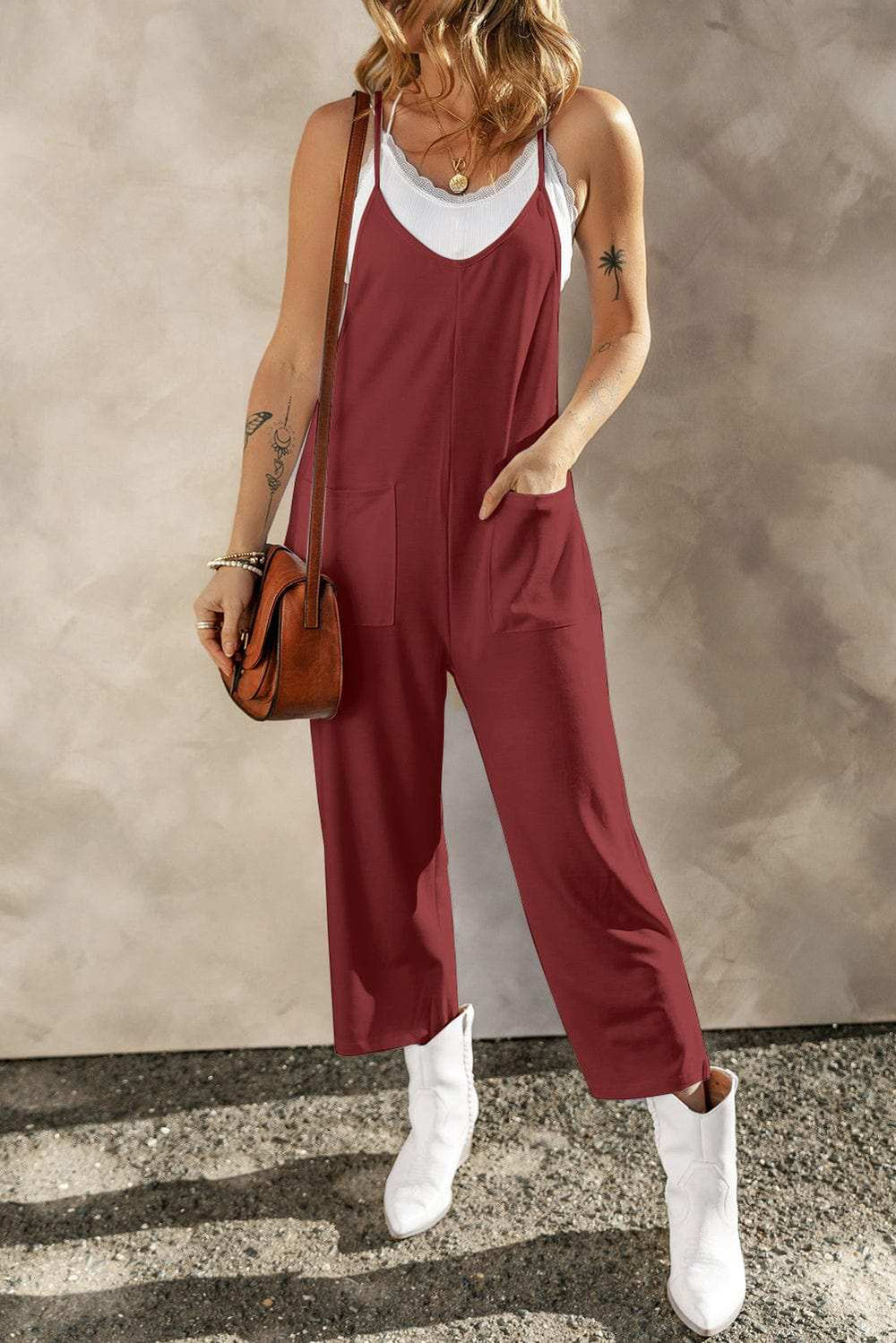 Pocketed Spaghetti Strap Wide Leg Jumpsuit - Trendsi - Flyclothing LLC