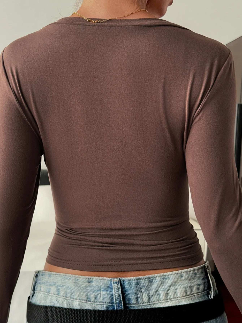 V-Neck Long Sleeve Fitted T-Shirt - Trendsi - Flyclothing LLC