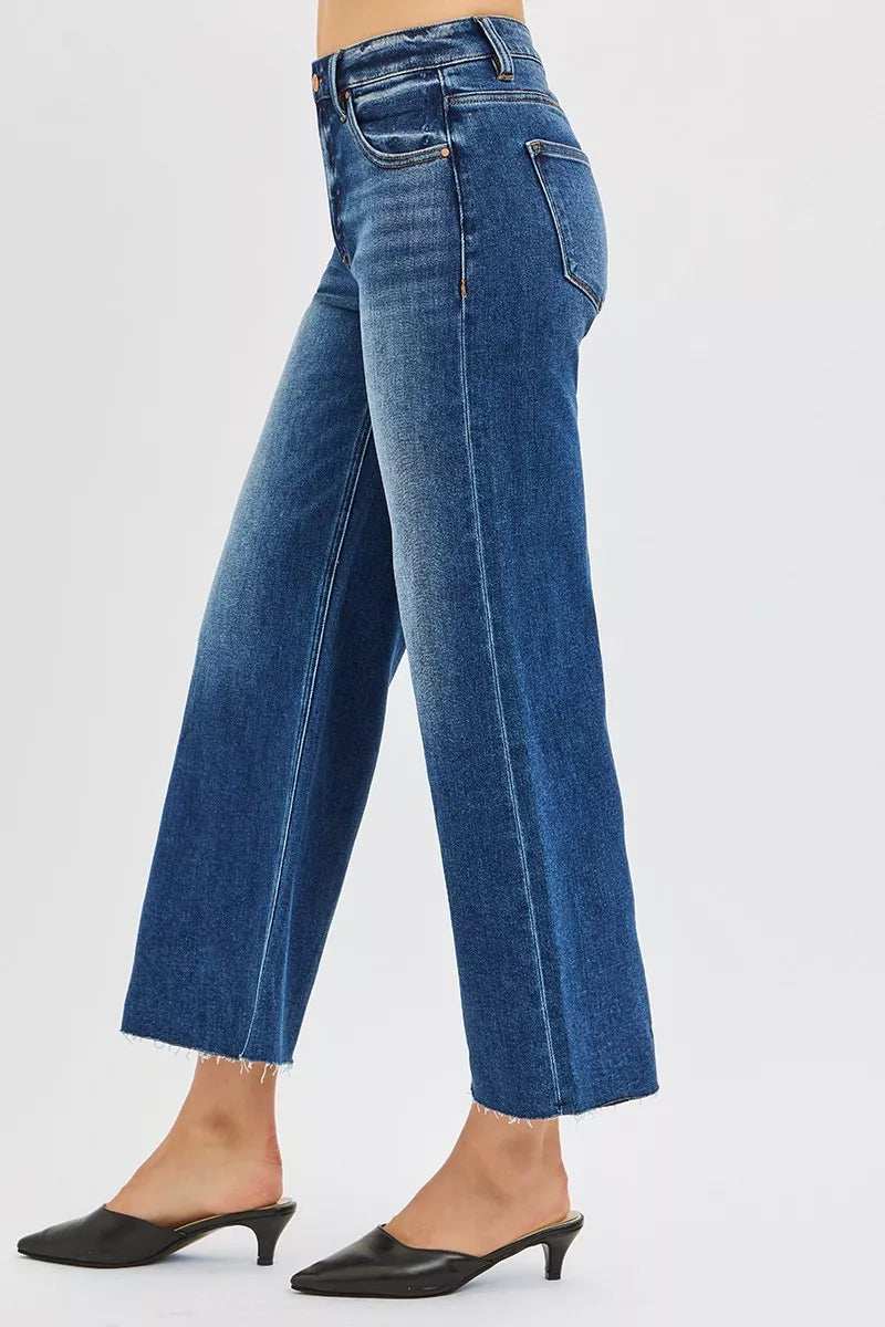 RISEN Full Size Mid Rise Crop Wide Raw Cut Hem Jeans Plus Size - Trendsi - Flyclothing LLC