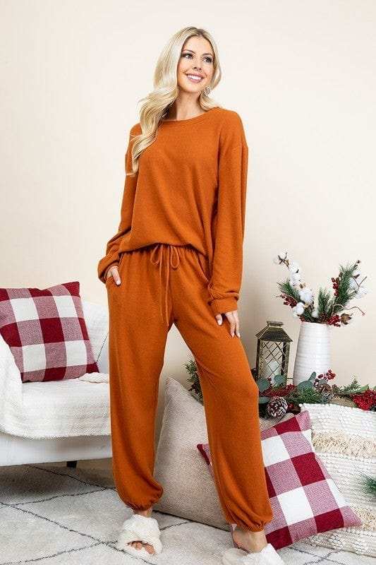 Super Lady Full Size Fuzzy Hacci Brush Round Neck Top and Pants Lounge Set - Trendsi - Flyclothing LLC
