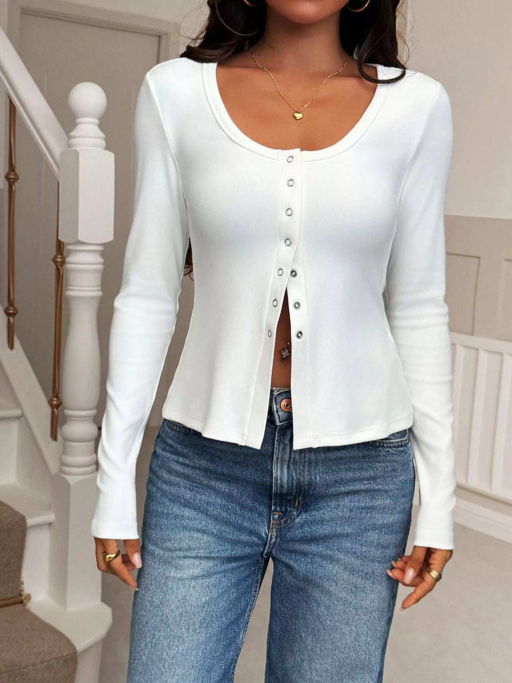 Button-Front Long Sleeve Knit Top - Trendsi - Flyclothing LLC