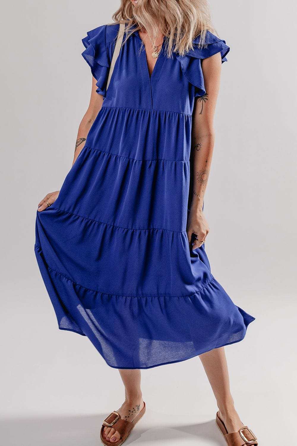 Ruffled Short Sleeve Collared V Neck Tiered Midi Dress - Trendsi - Flyclothing LLC